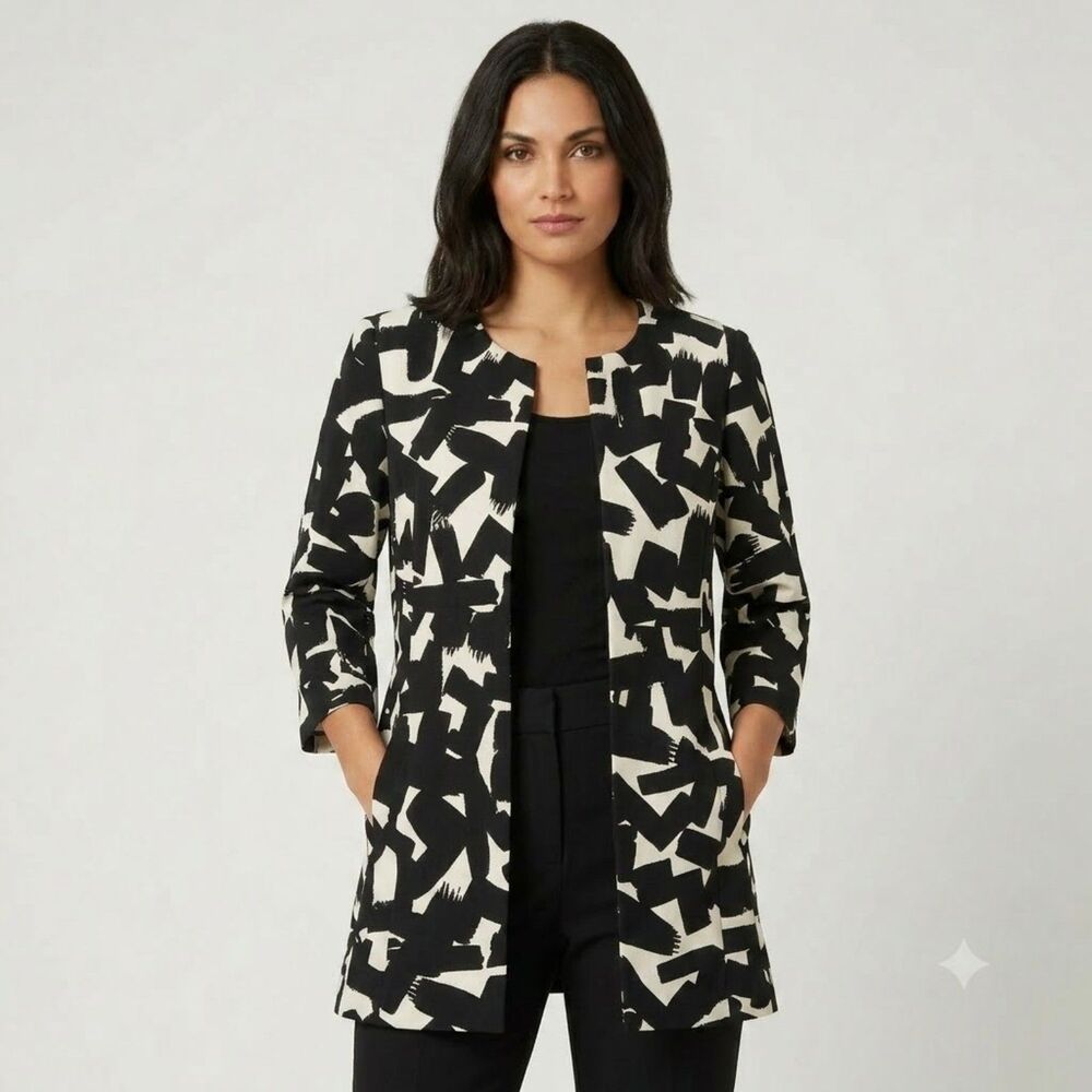 Kasper Black White Abstract Blazer Jacket Collarless Open Front Plus Size 18 XL